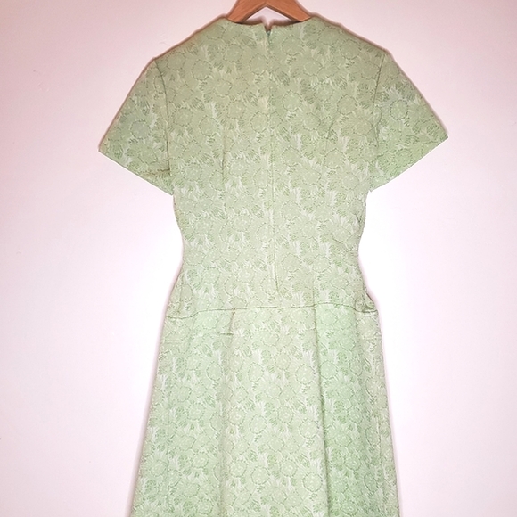 Mossy Mod Light Green Brocade Short-Sleeve Mini Dress with Pleats & Pocket - Picture 10 of 14